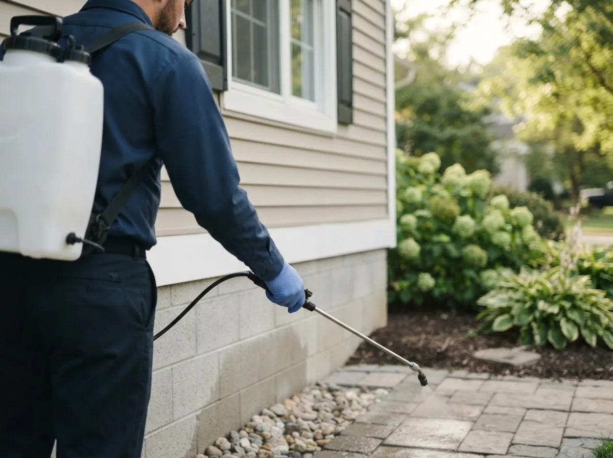 Pest control technician inspecting a home in Sharon Center, OH